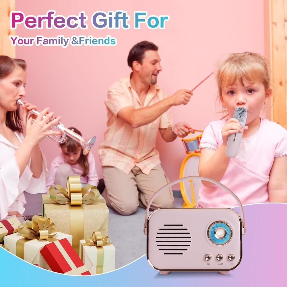 Retro Mini Karaoke Machine with Wireless Microphone, Portable Small, 1 Mic, Pink - Picture 6 of 6